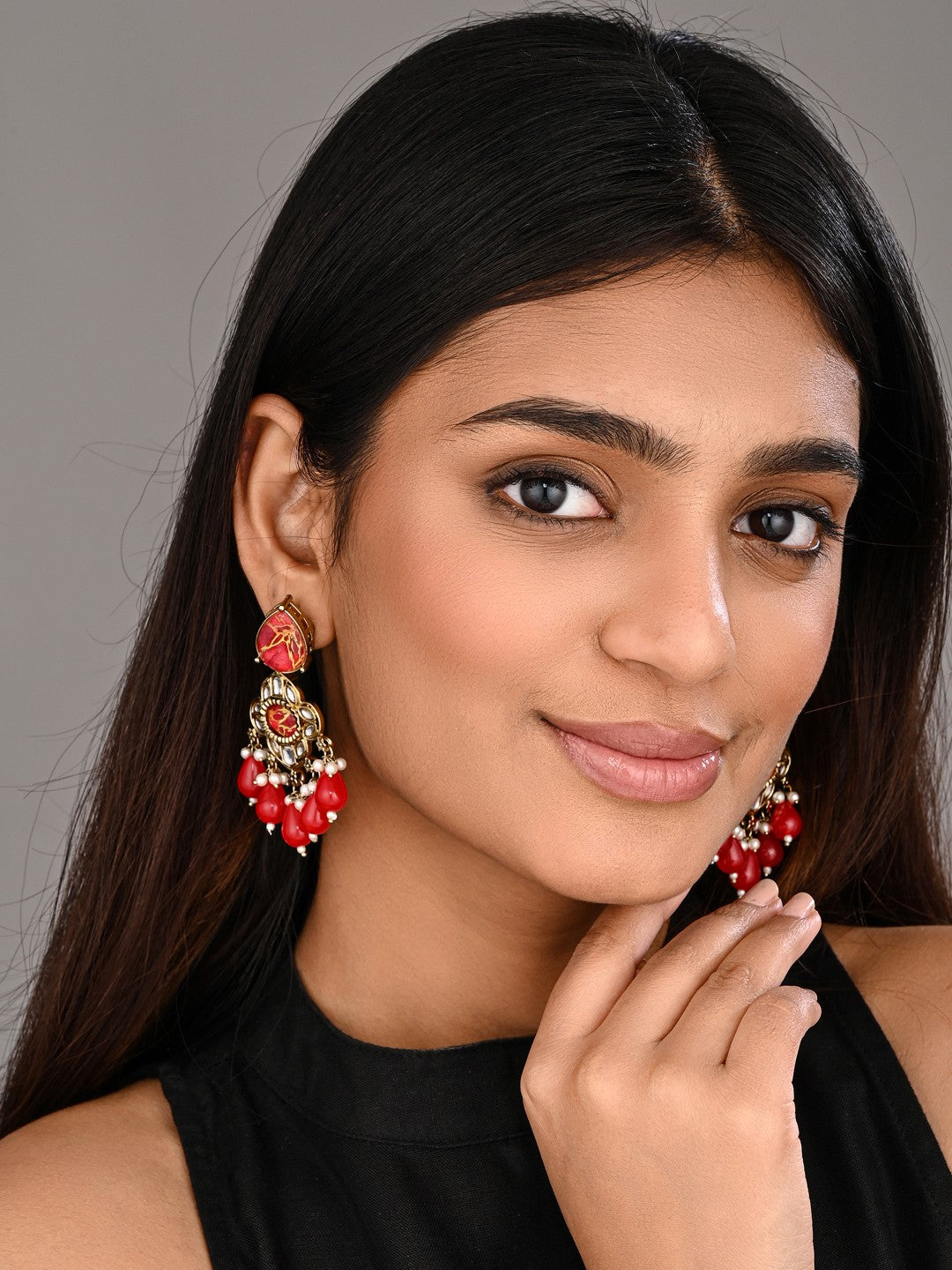 Gold-Plated Red Kundan Chandelier Earrings with Bead Drops