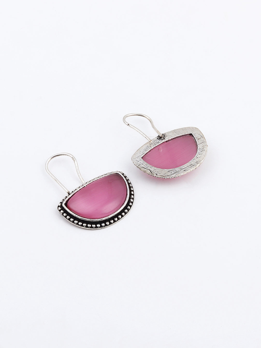 Silver Oxidized Drop Earrings with Pink Monalisa Stone