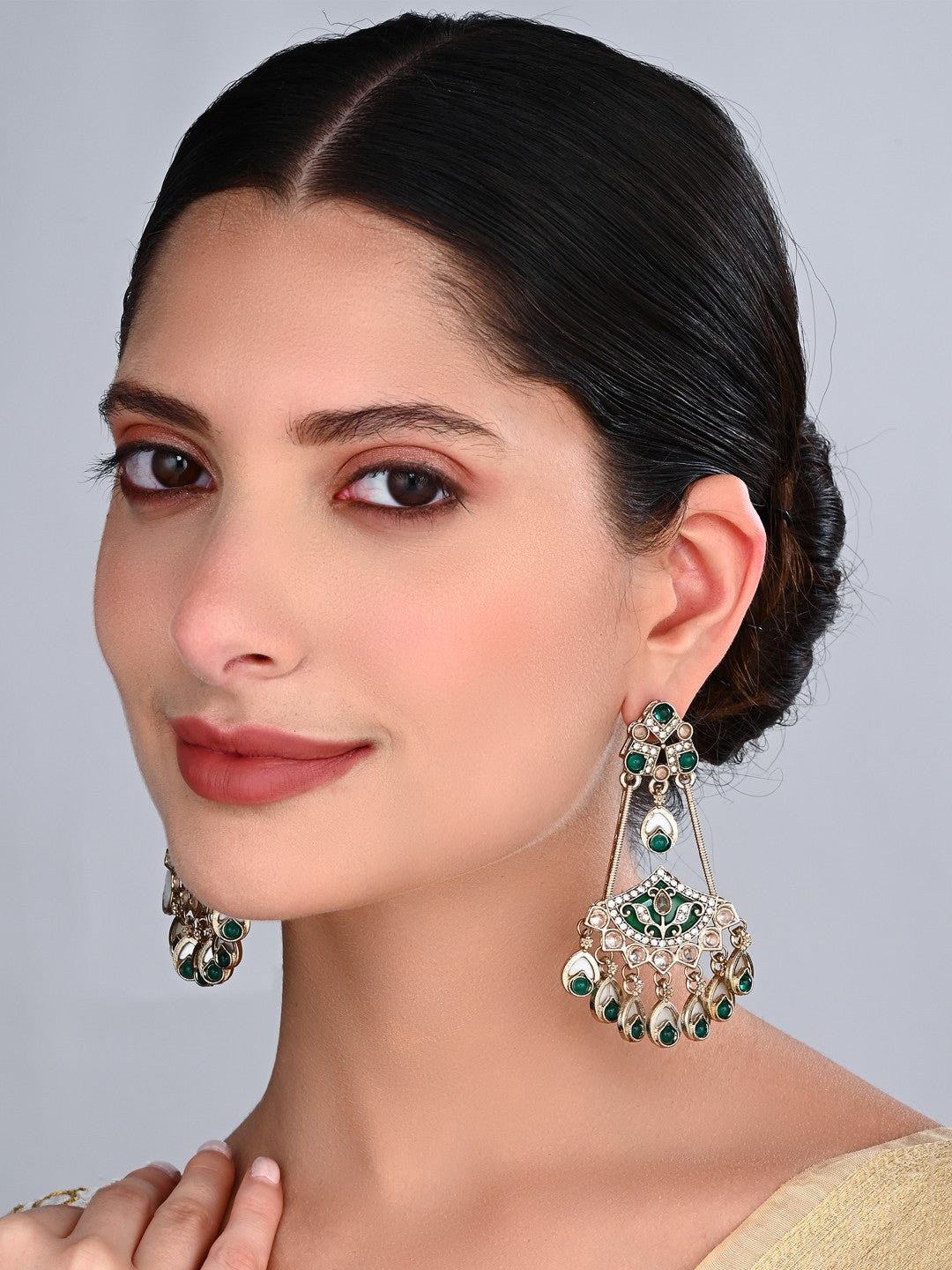 Gold-Toned Kundan Chandbali Earrings with Green Stone Accents