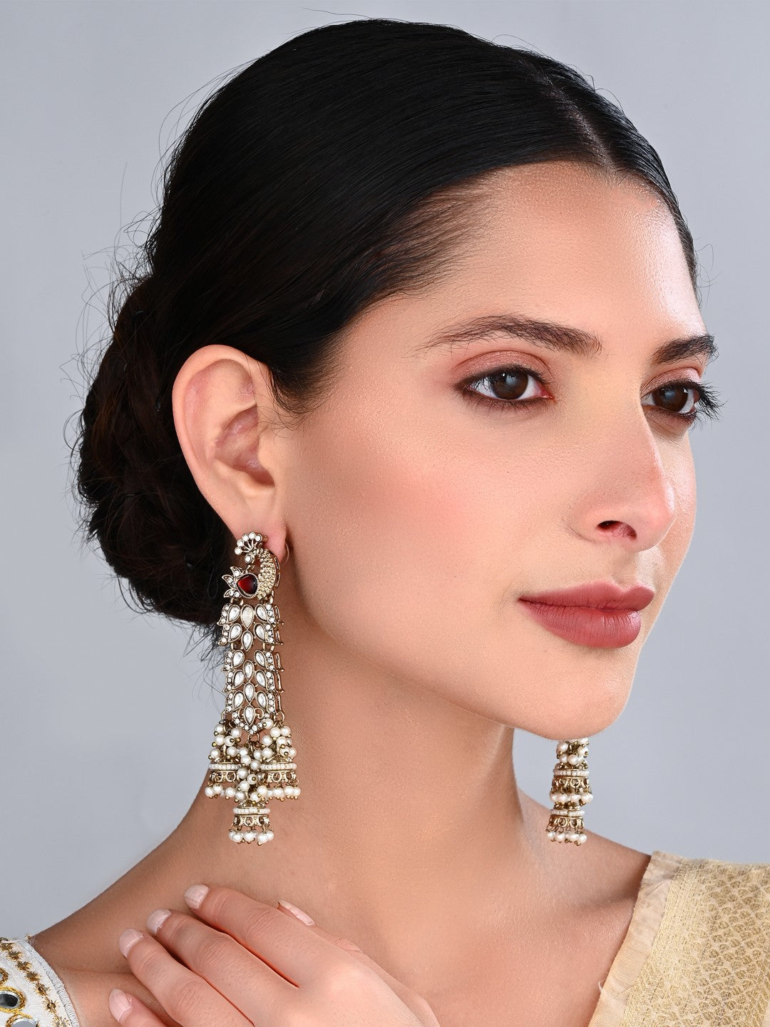 Gold-Toned Drop Earrings with  Stone Accents Red