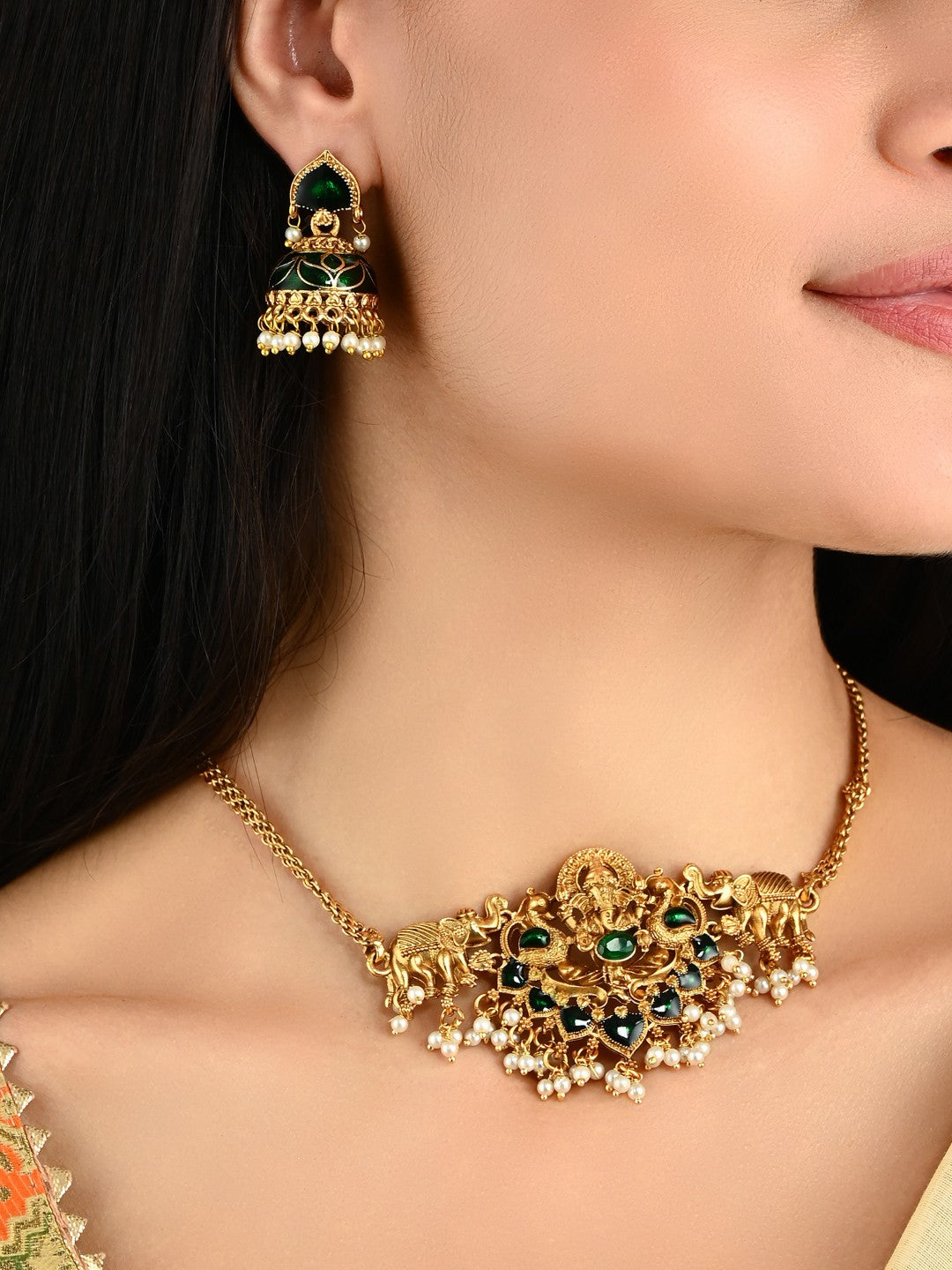 Traditional Temple Lord ganesha Necklace Set with Earrings Green