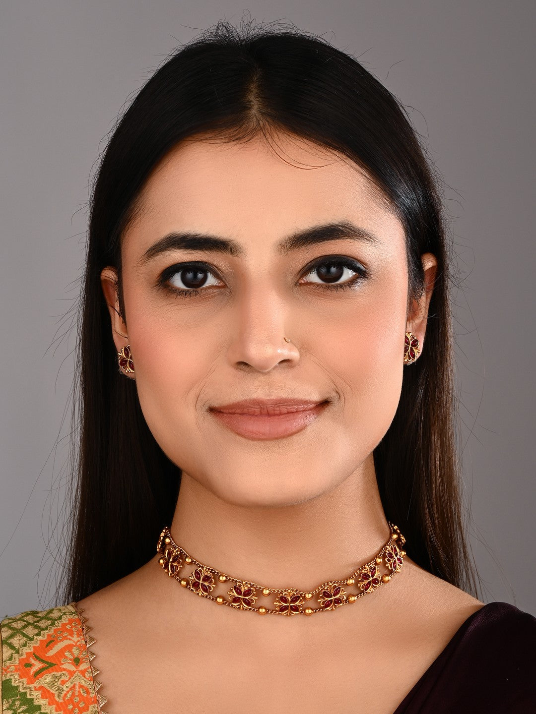 Gold plated floral Necklace set - Red