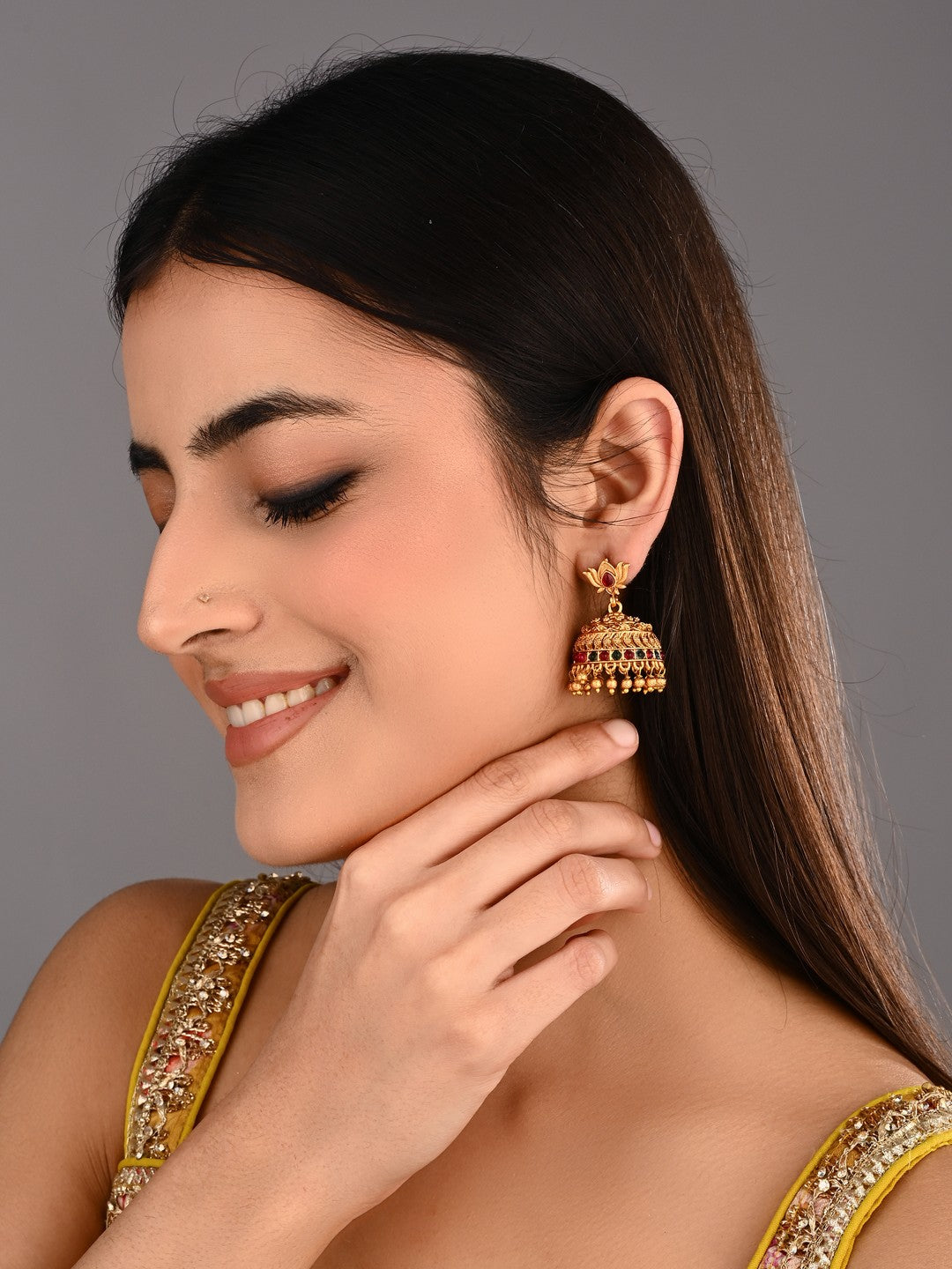 Ruby & Emerald Filigree Jhumka Earrings