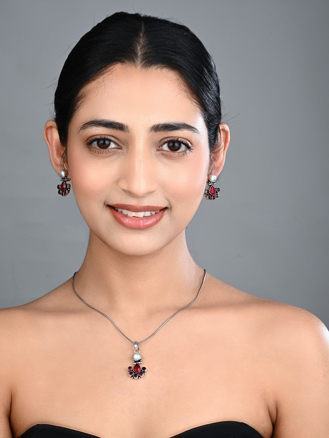 Floral Crystal Pendant Necklace Set with Matching Stud Earrings - Red