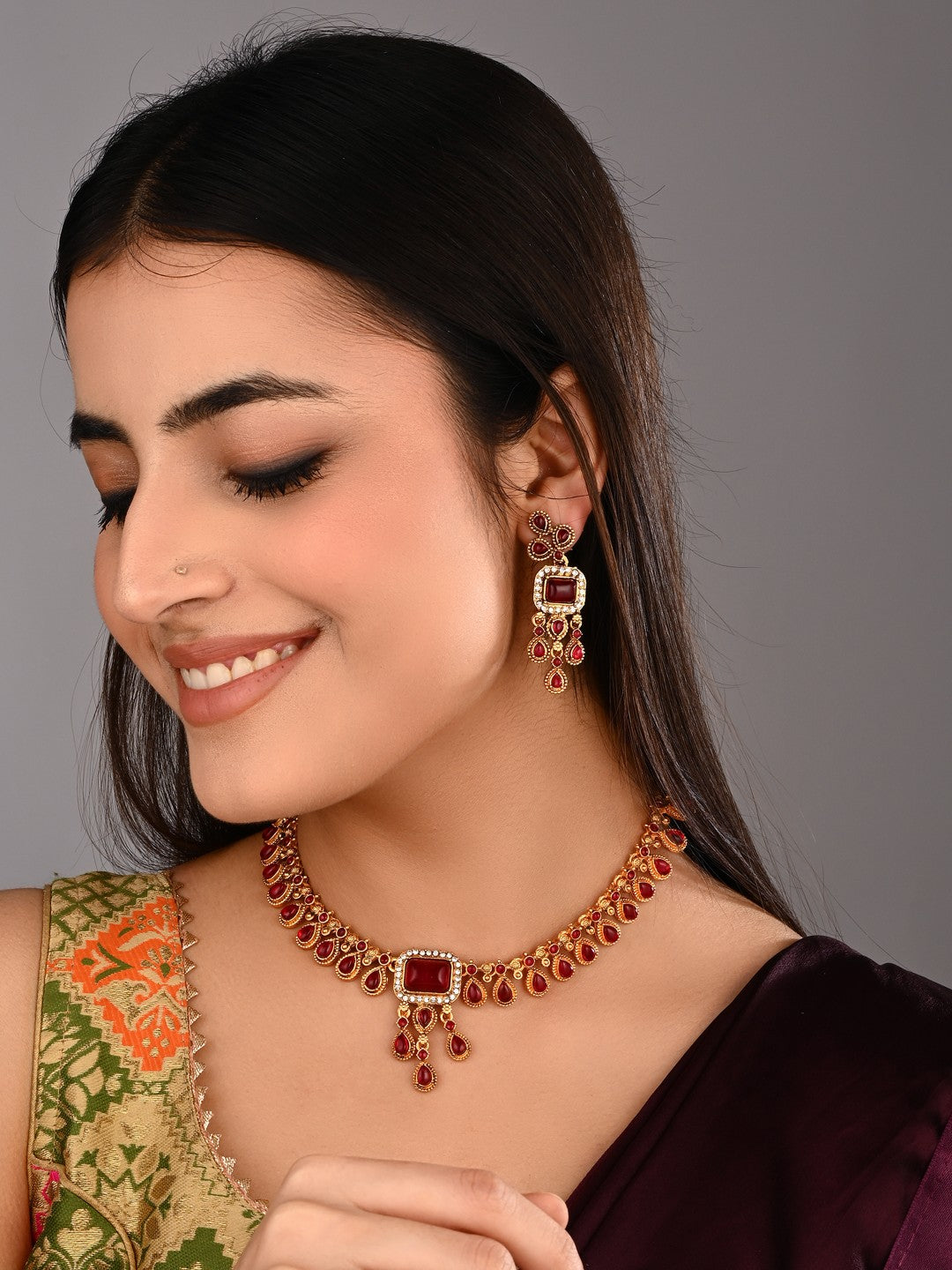 Ruby Red stone Necklace and Earrings Set