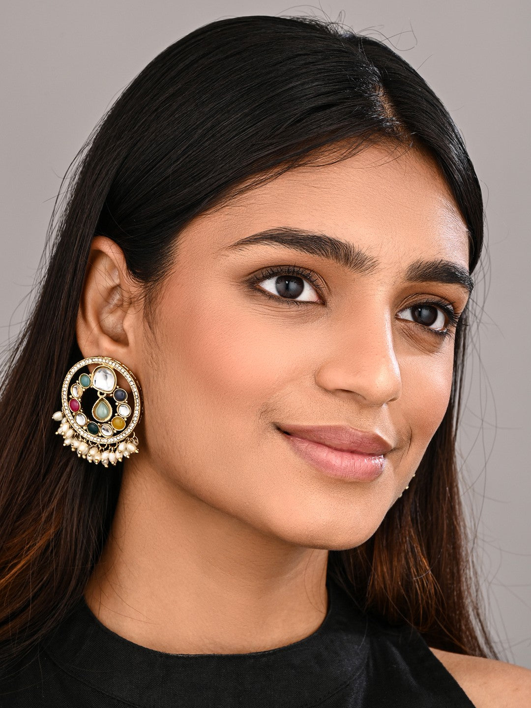 Regal Kundan Pearl Chandbali Earrings - Multi