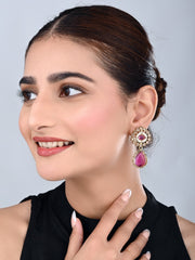 Gold plated Flower Stud with tear drop earring - Pink