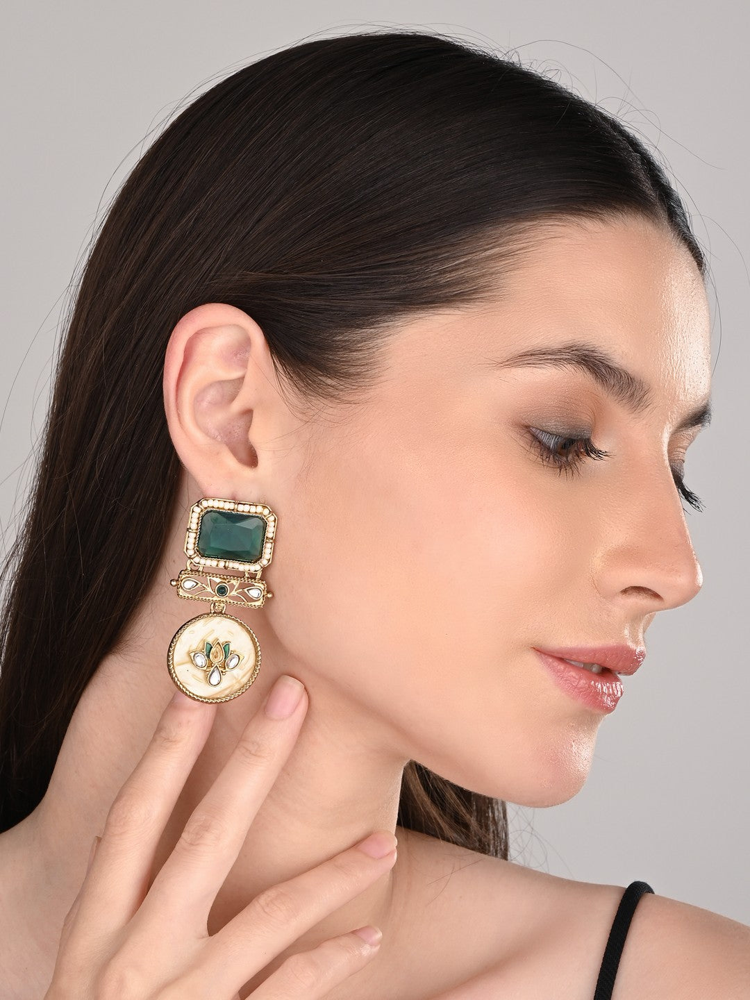 Gold-Plated Geometric Drop Earrings with MOP Filigree Green