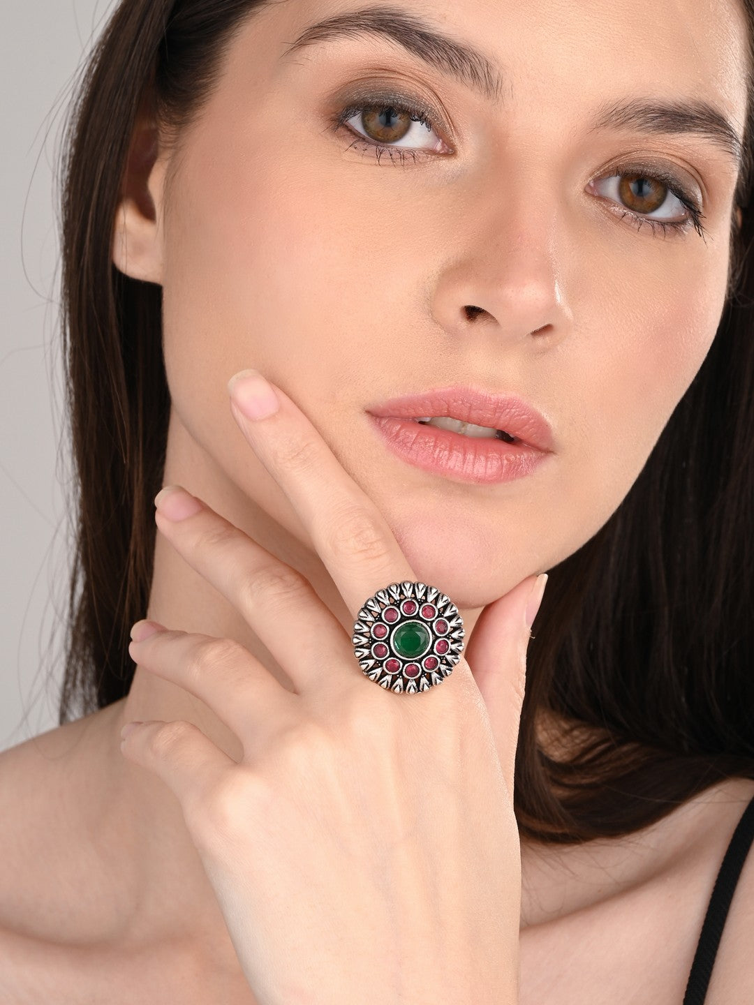 Red & green stone circular adjustable ring