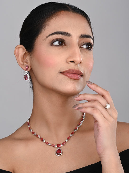 Silver-Tone Ruby Red Teardrop Necklace Set