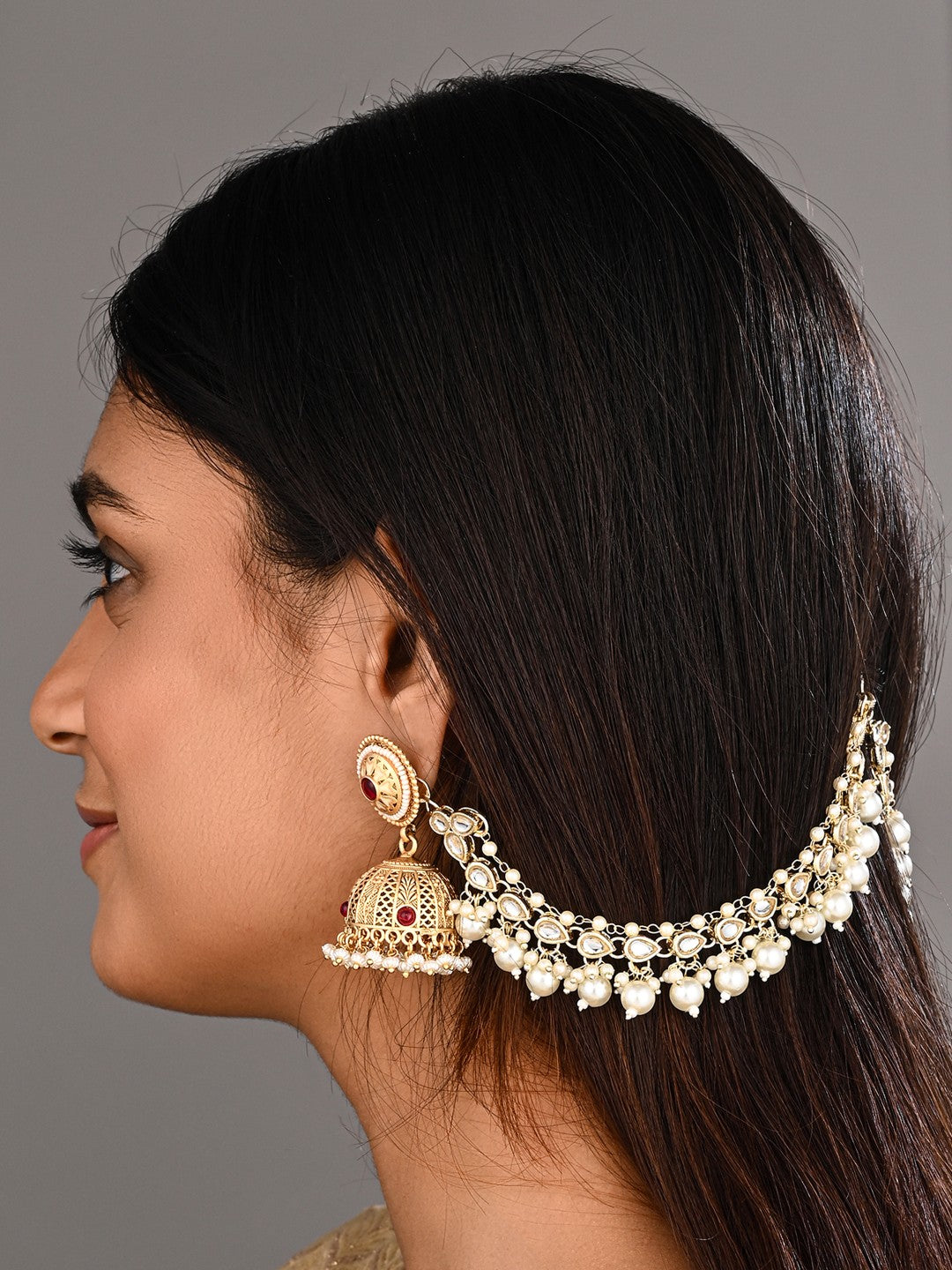 Elegant Gold-Plated Kundan & Pearl Ear Chains