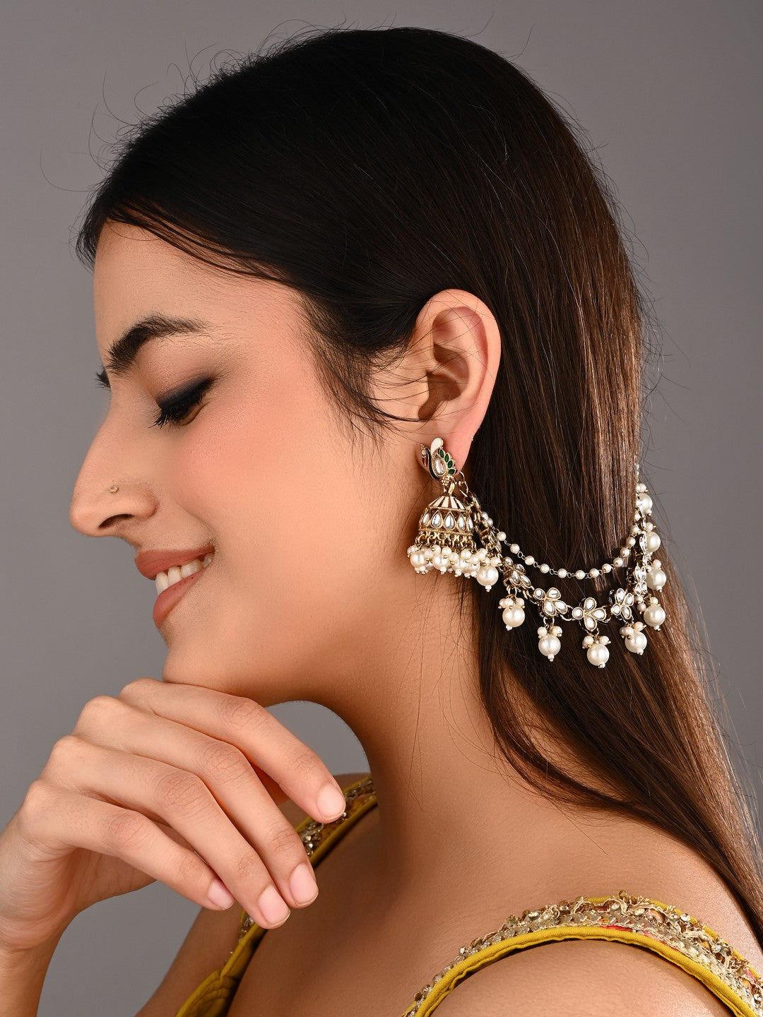 Kundan & Beads double layered ear chains with pearl cluster