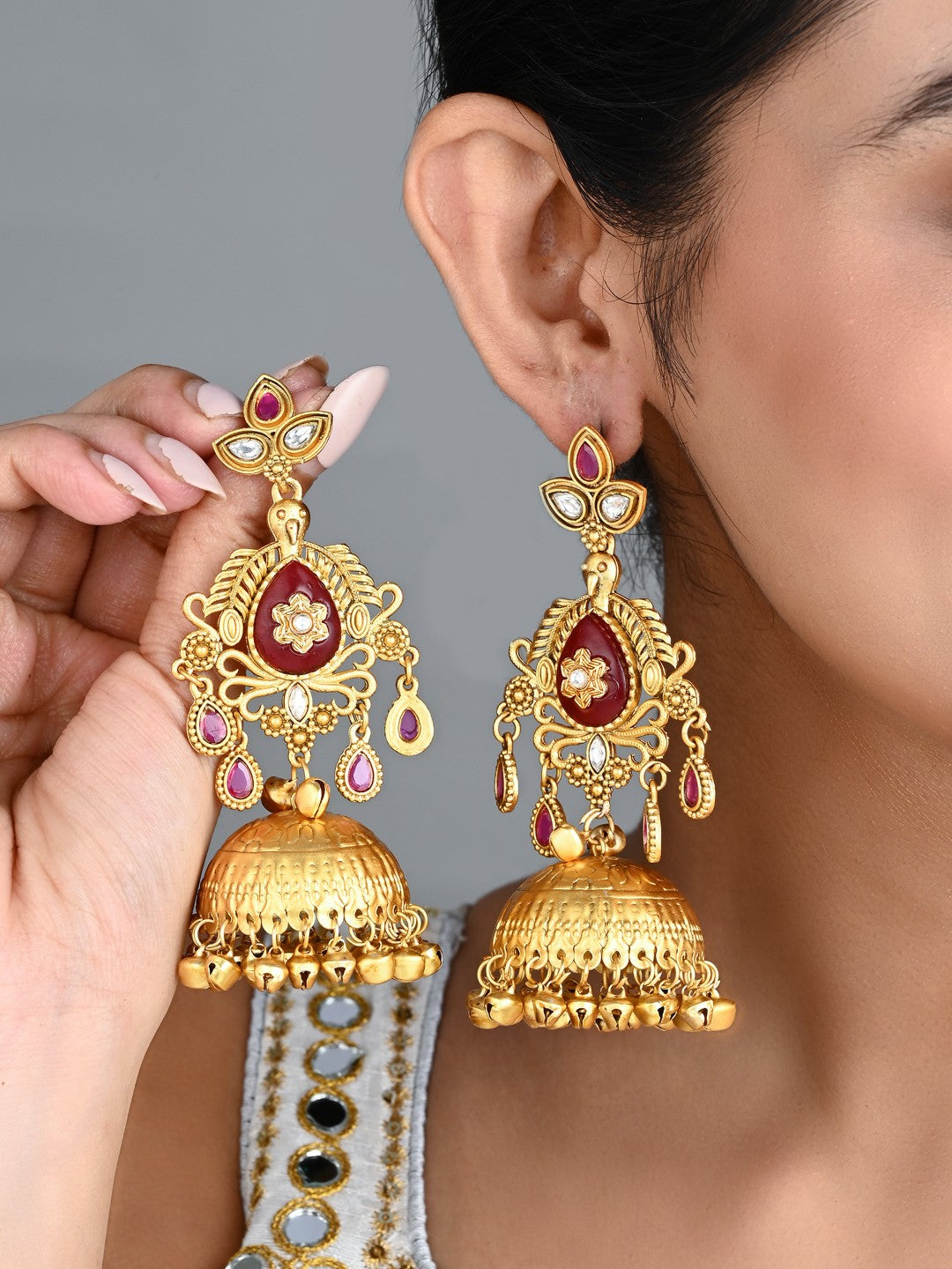 Ruby Red Temple Jhumka Earrings with Ghungroo Drops