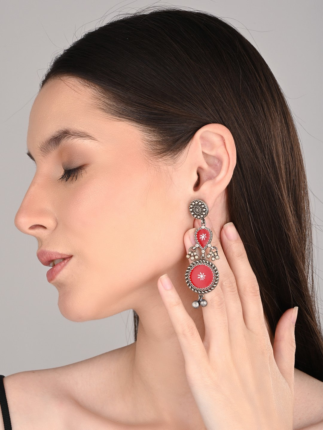 Hand-Painted circular Drop Earrings Red