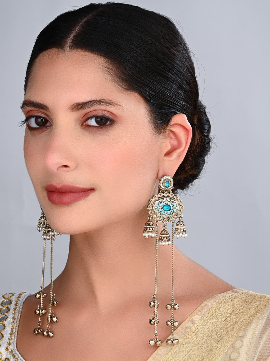 Gold-Toned Long Drop Earrings with Turquoise Stone Accents