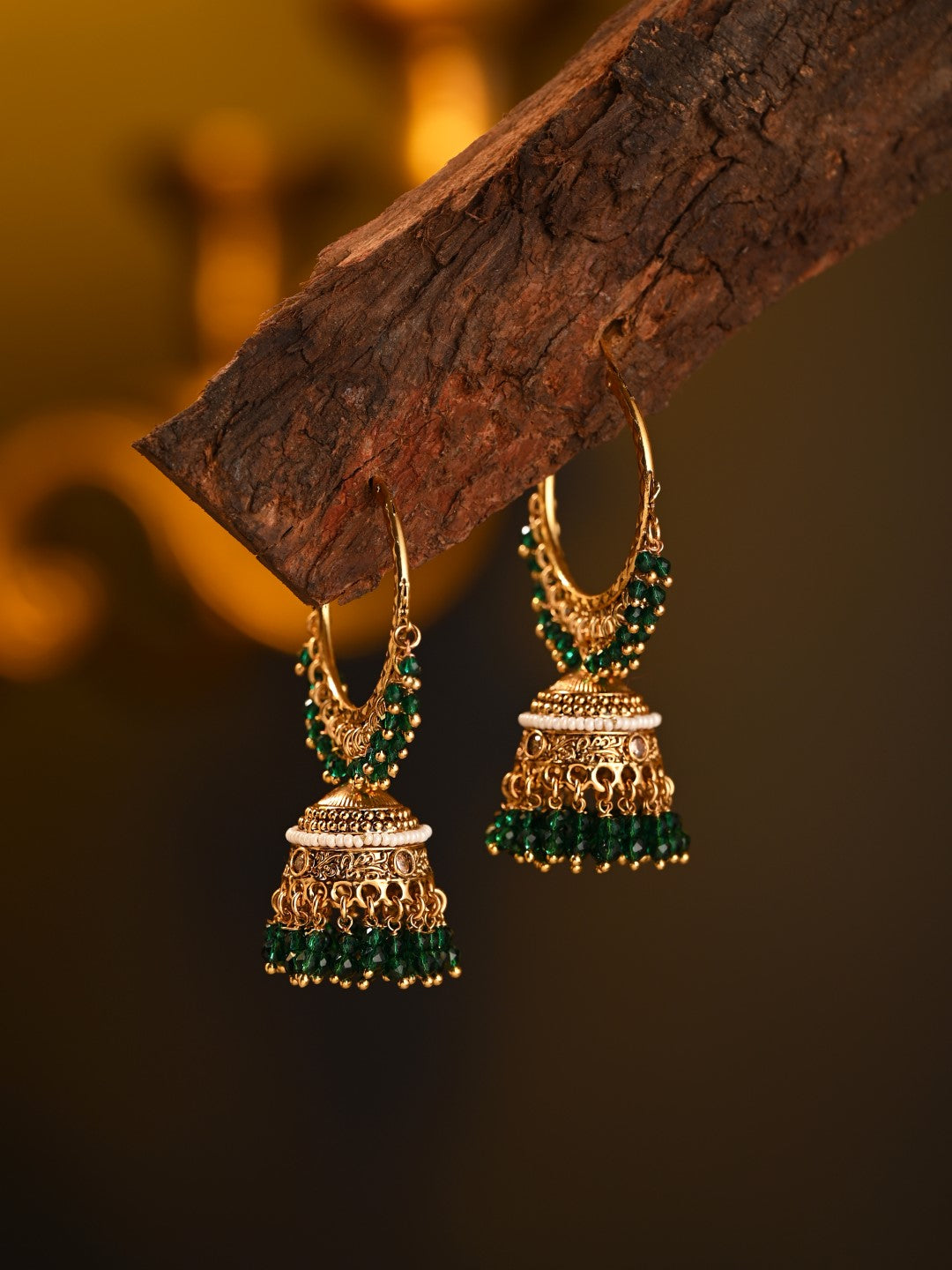 Ethnic hoops with Jhumka drop Green