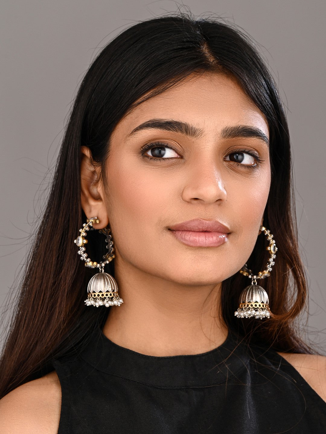 Two-Tone Brass Stone-Studded Jhumka Earrings