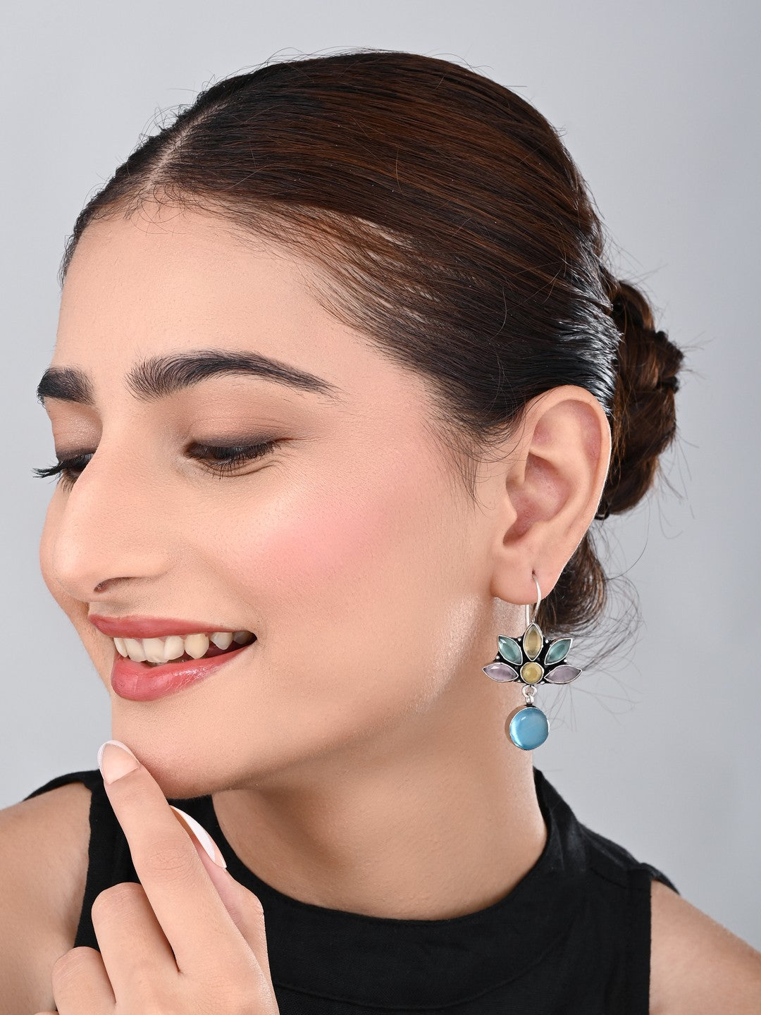 Silver Oxidized Lotus Drop Earrings Multi