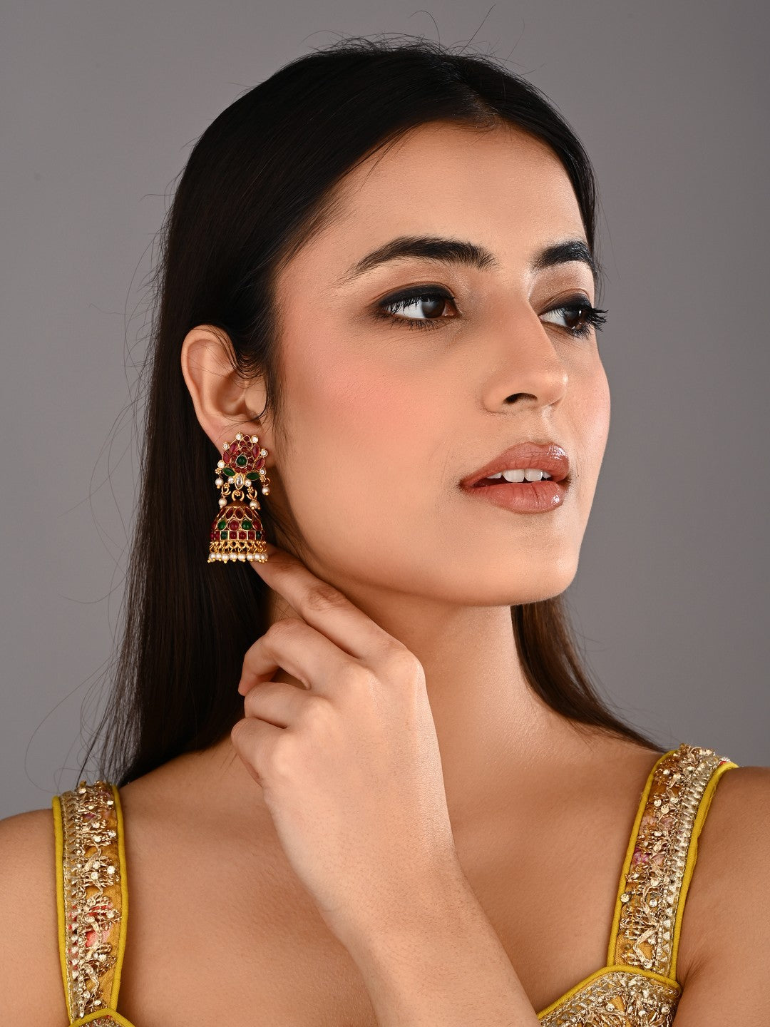 Gold Plated Red & green stone Jhumka Earring