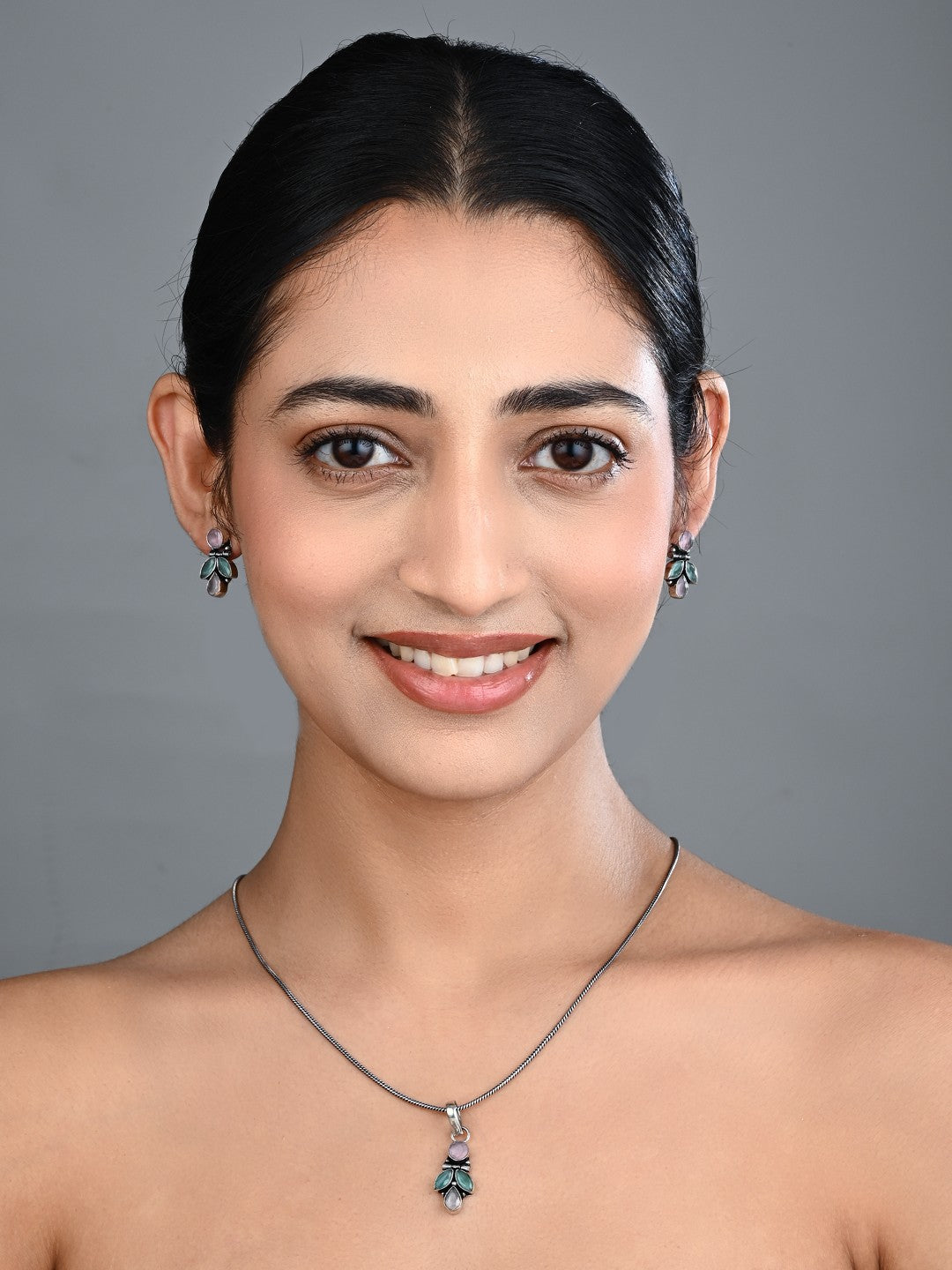 Elegant Crystal Pendant Necklace Set with Matching Drop Earrings - Multi