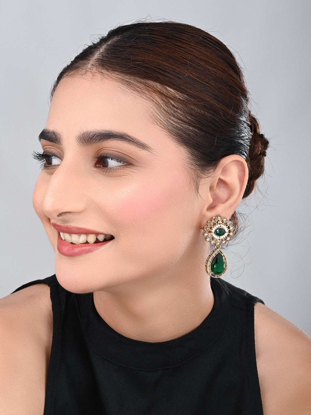 Gold plated Flower Stud with tear drop earring - Green