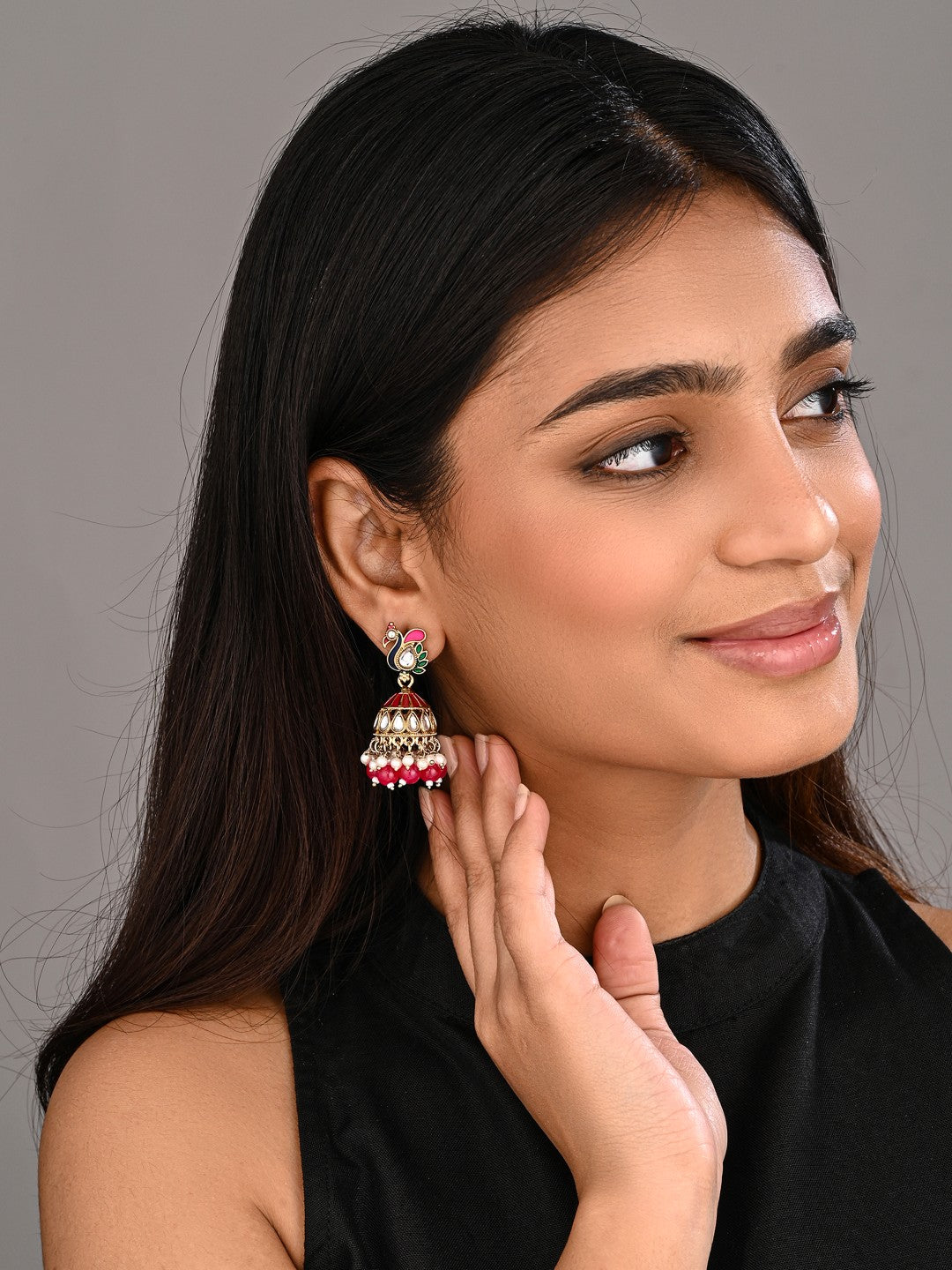 Peacock-inspired jhumka earrings- Pink
