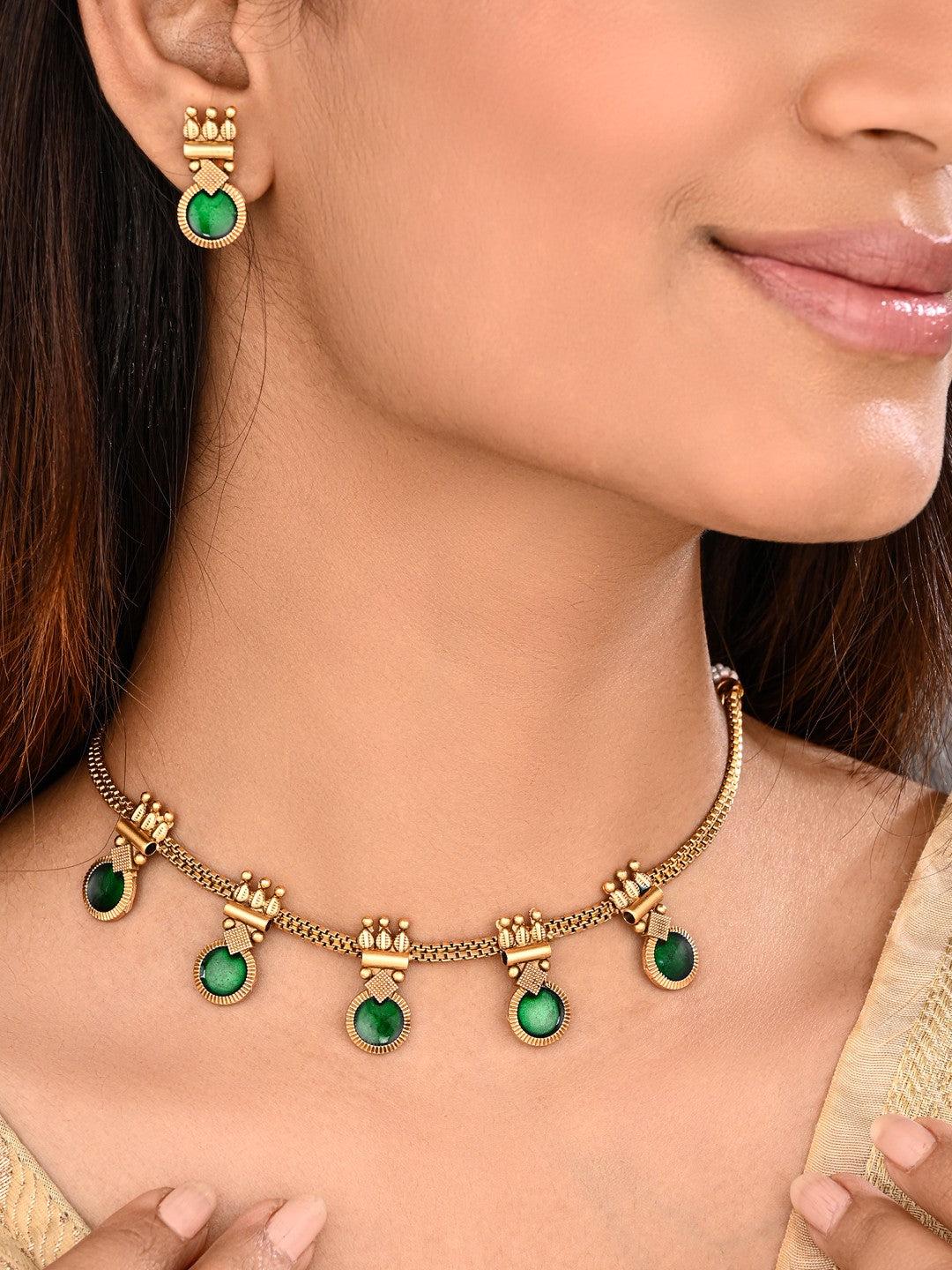 Gold-Tone Green Meenakari Drop Necklace Set