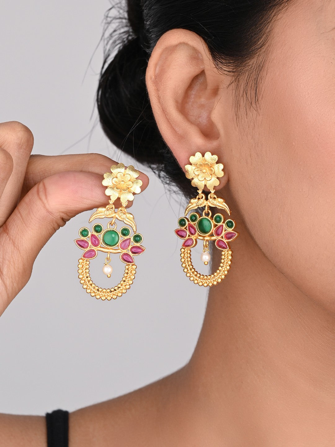 Gold-Plated Drop Earrings with Green & Red AD Stones