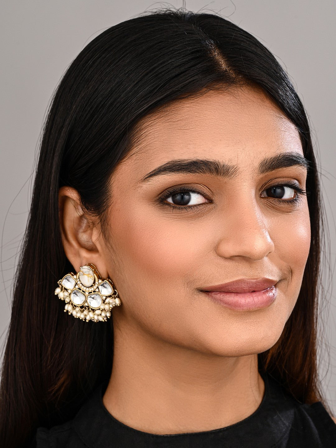 Gold-Plated White Kundan Half Chandbali Earrings