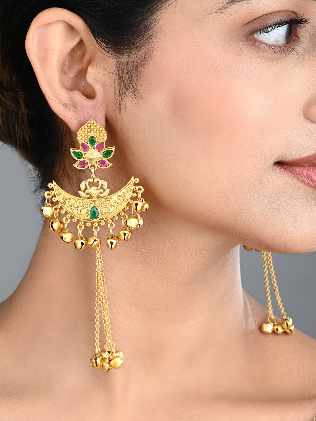 Multicolor Temple Chandbali Earrings with Ghungroo Chain Tassels