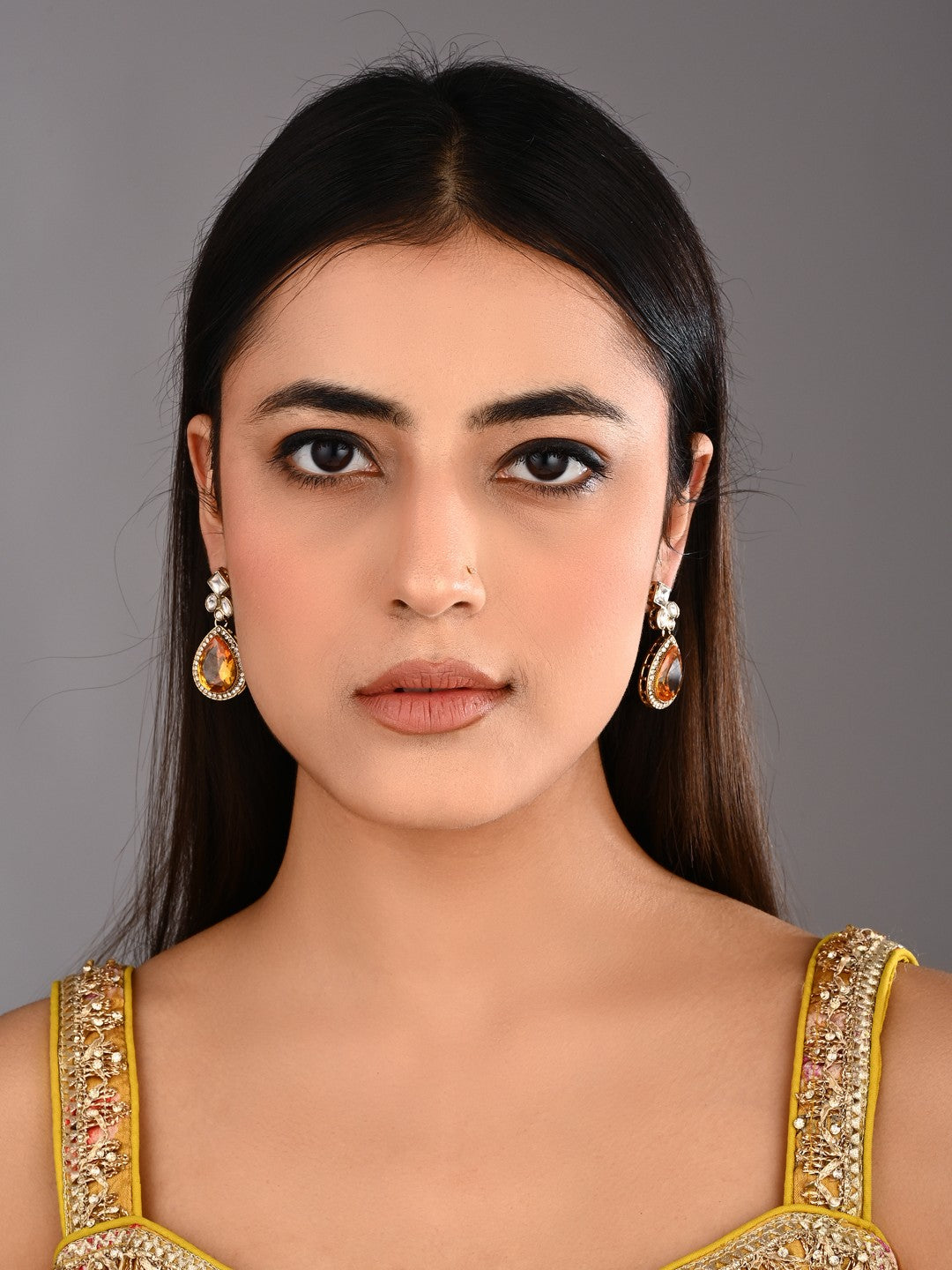 Gold-Toned Teardrop Kundan Crystal Drop Earrings for Women Yellow
