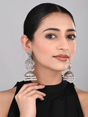 Silver plated long Jhumka - Pink