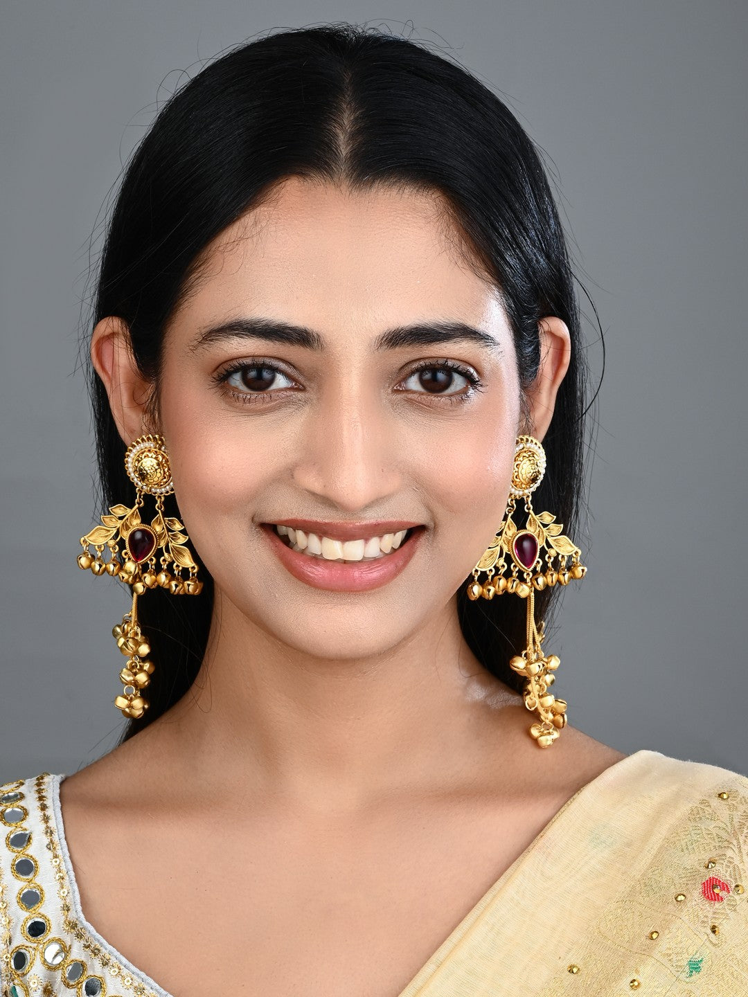 Gold plated Studs Earring with Ear chains Red