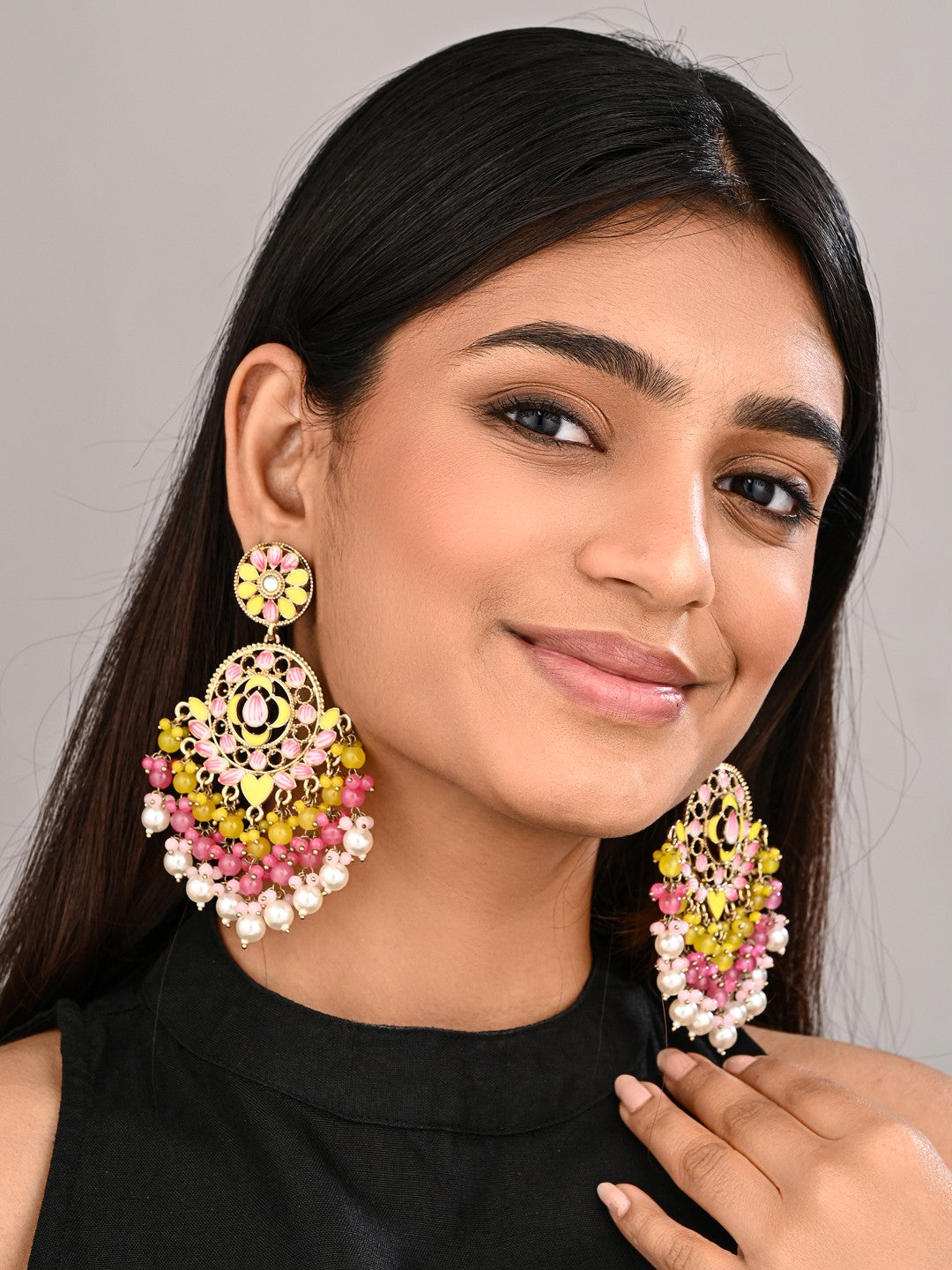 Vibrant Yellow & Pink Chandelier Pearl Drop Earrings