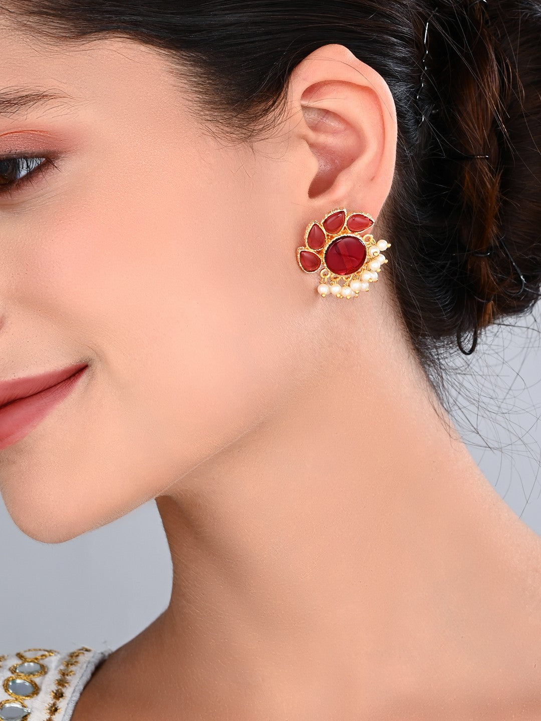 Stone Gold-Toned Earrings with Pearl Drops - Red