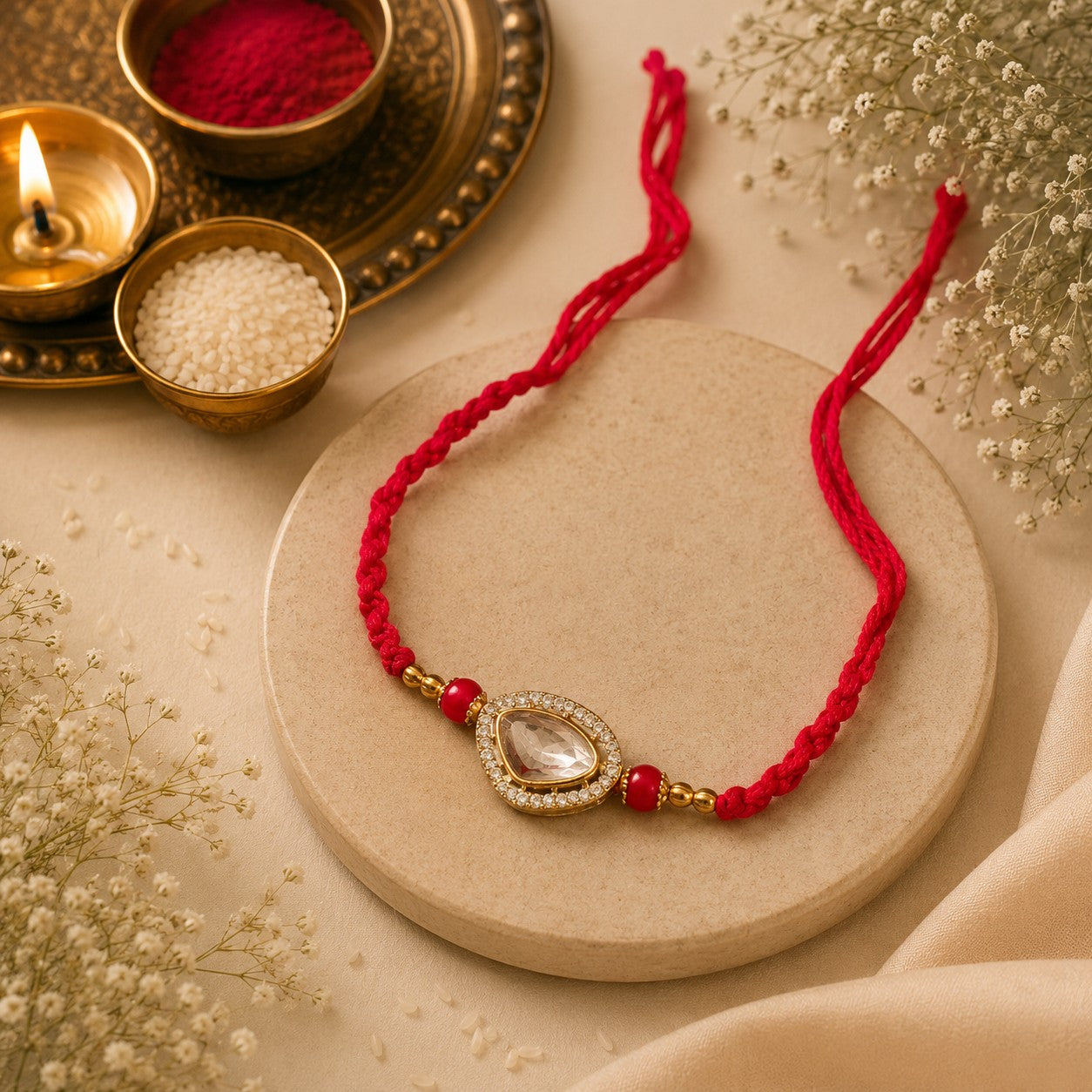 Pastel Elegance & Crystal Teardrop Rakhi Set