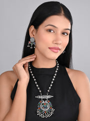 Silver Oxidised Finish Meenakari Jewellery Set for Navratri