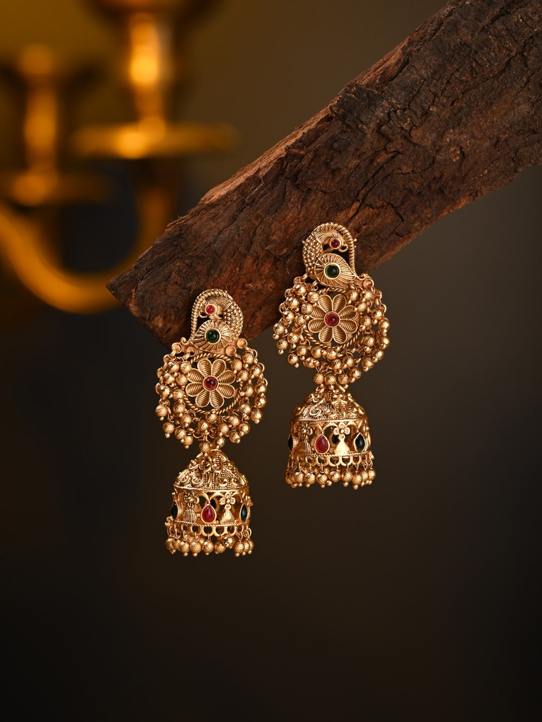 Gold plated temple bird & jhumka earring