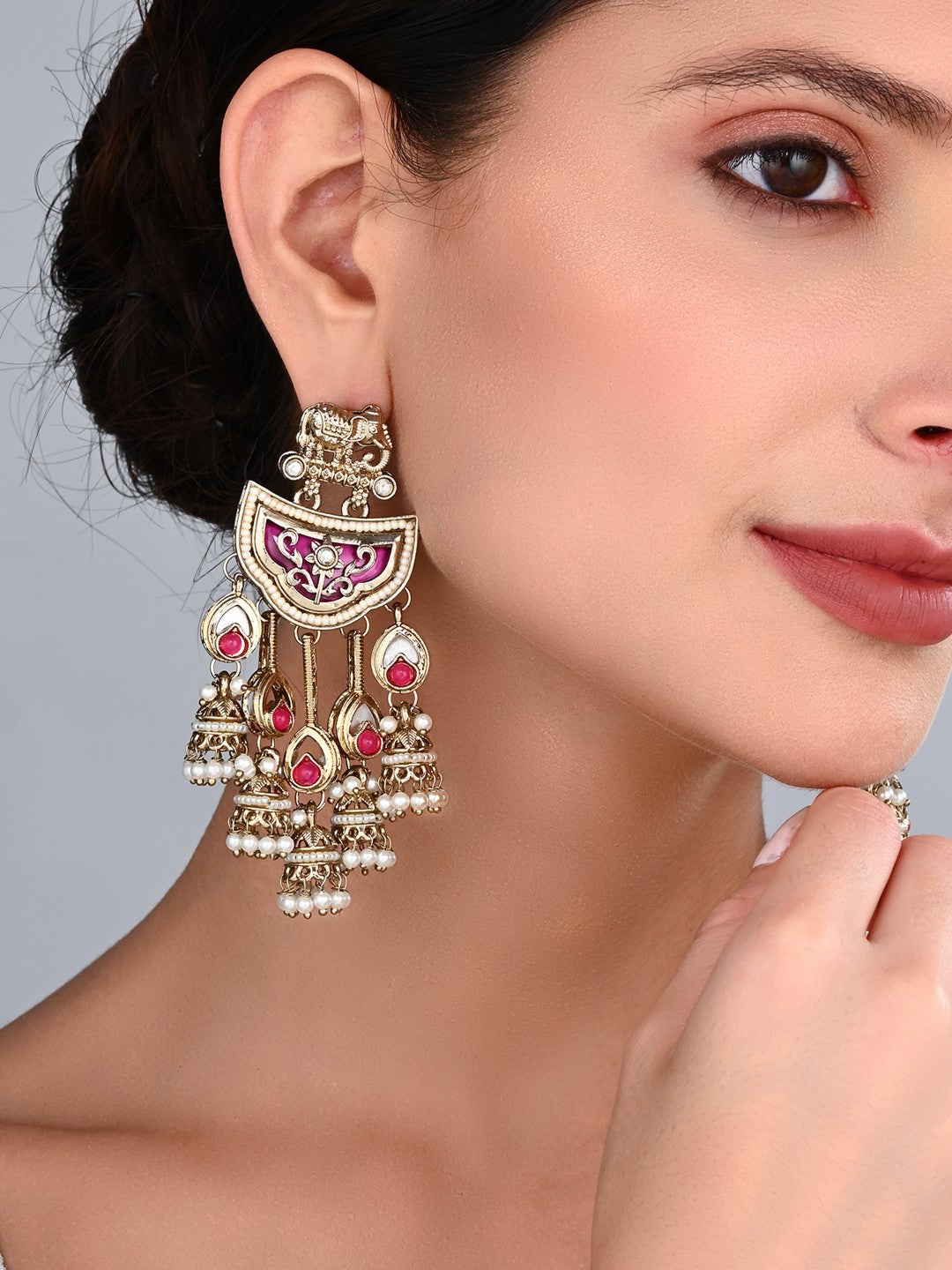 Gold-Toned MOP Chandelier Earrings with Jhumka Drops Pink