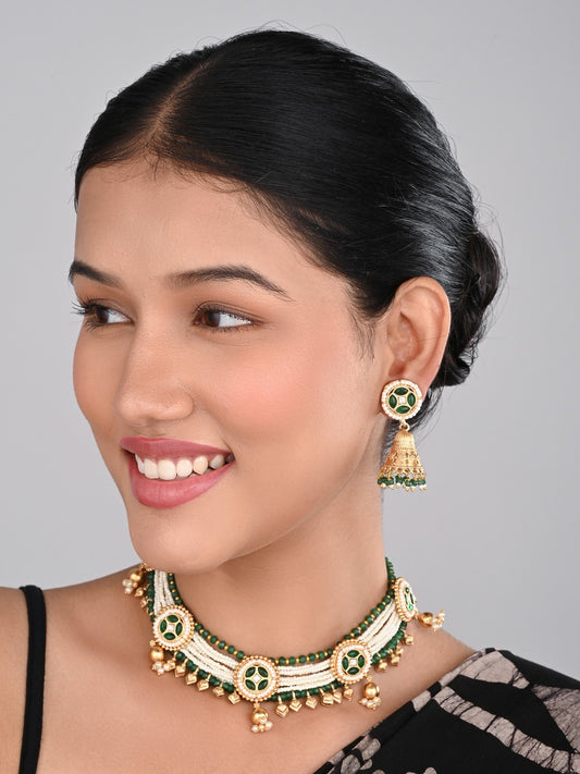 Gold plated, Brass Necklace & Earring Set - Green