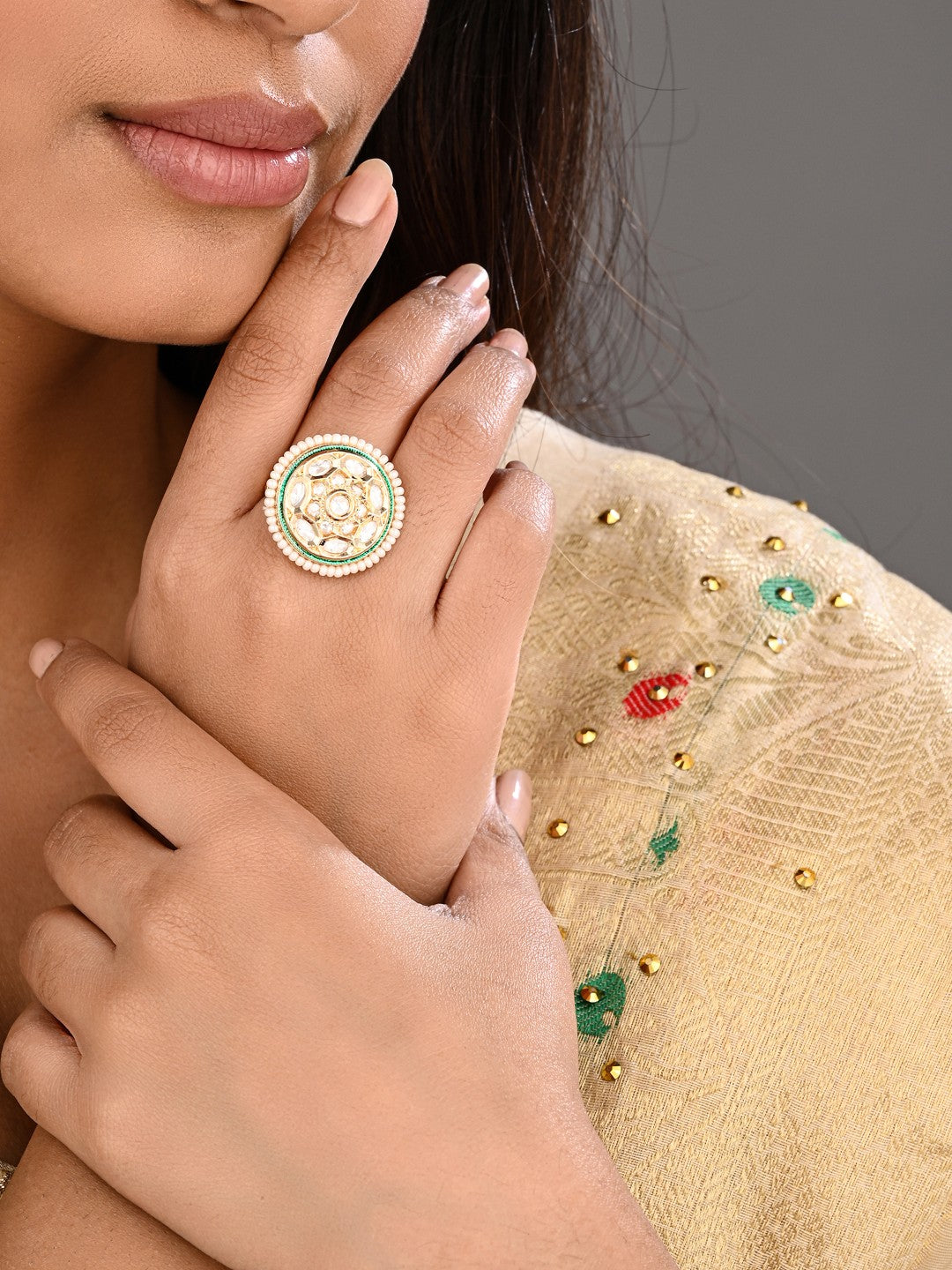 Brass Kundan Halo Pearl-Edge Ring
