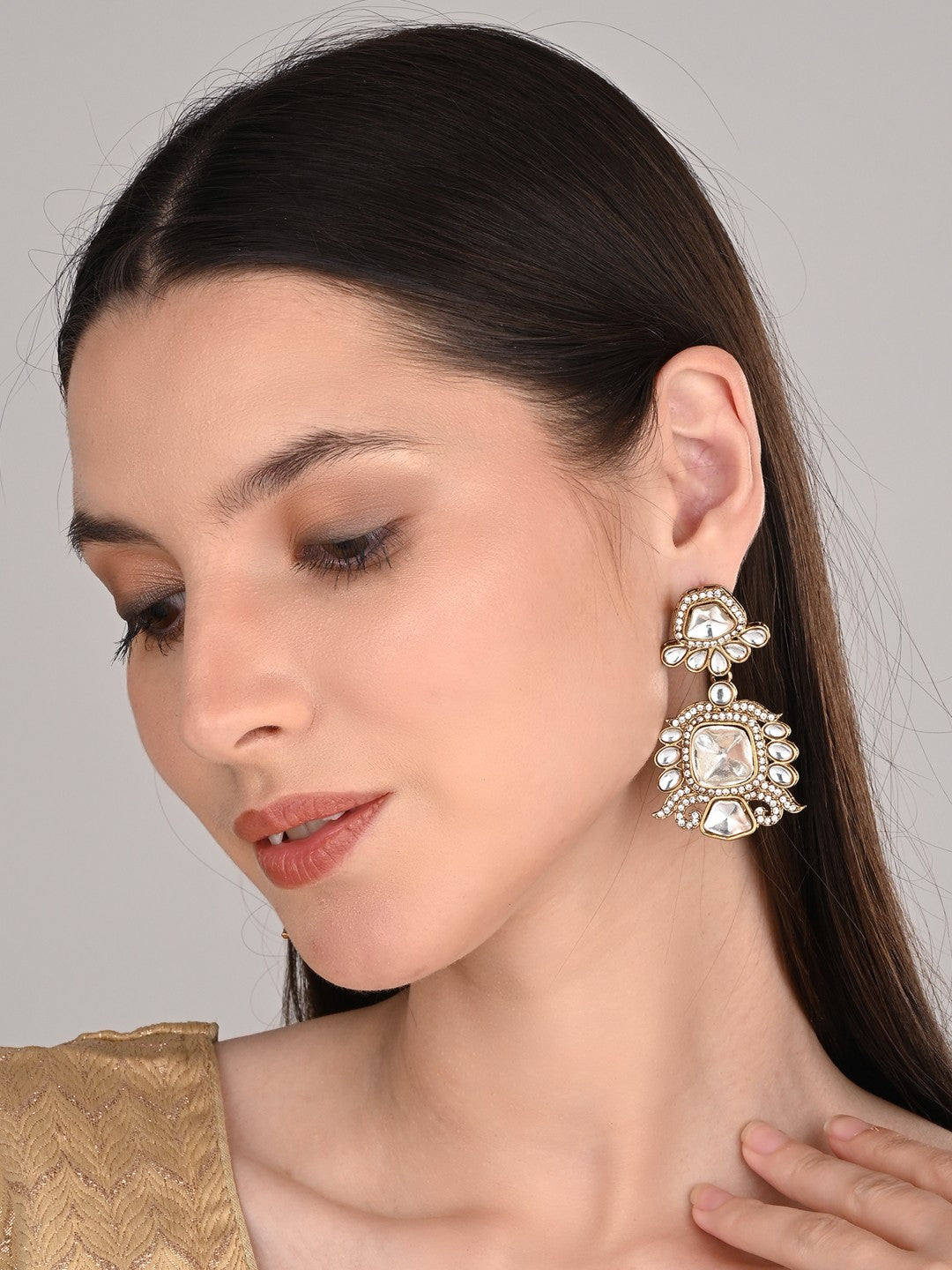 Gold plated kundan Drop Earrings Gold