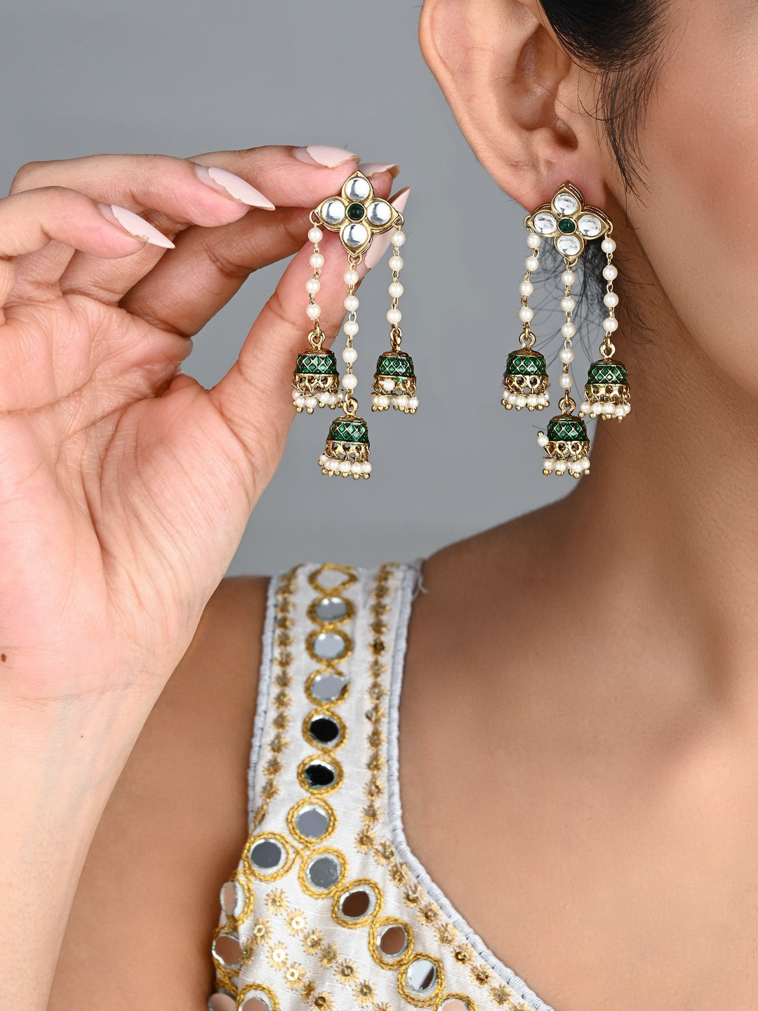 Kundan Pearl Tassel Statement Earrings - Green