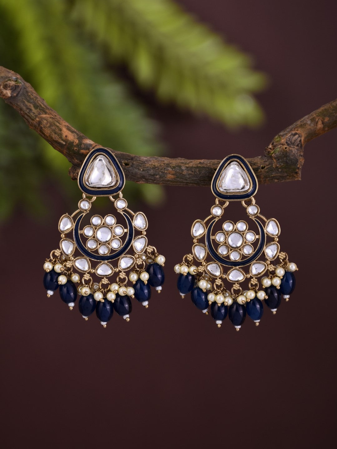 Gold plated kundan & Meenakari Chandbali Earring Blue