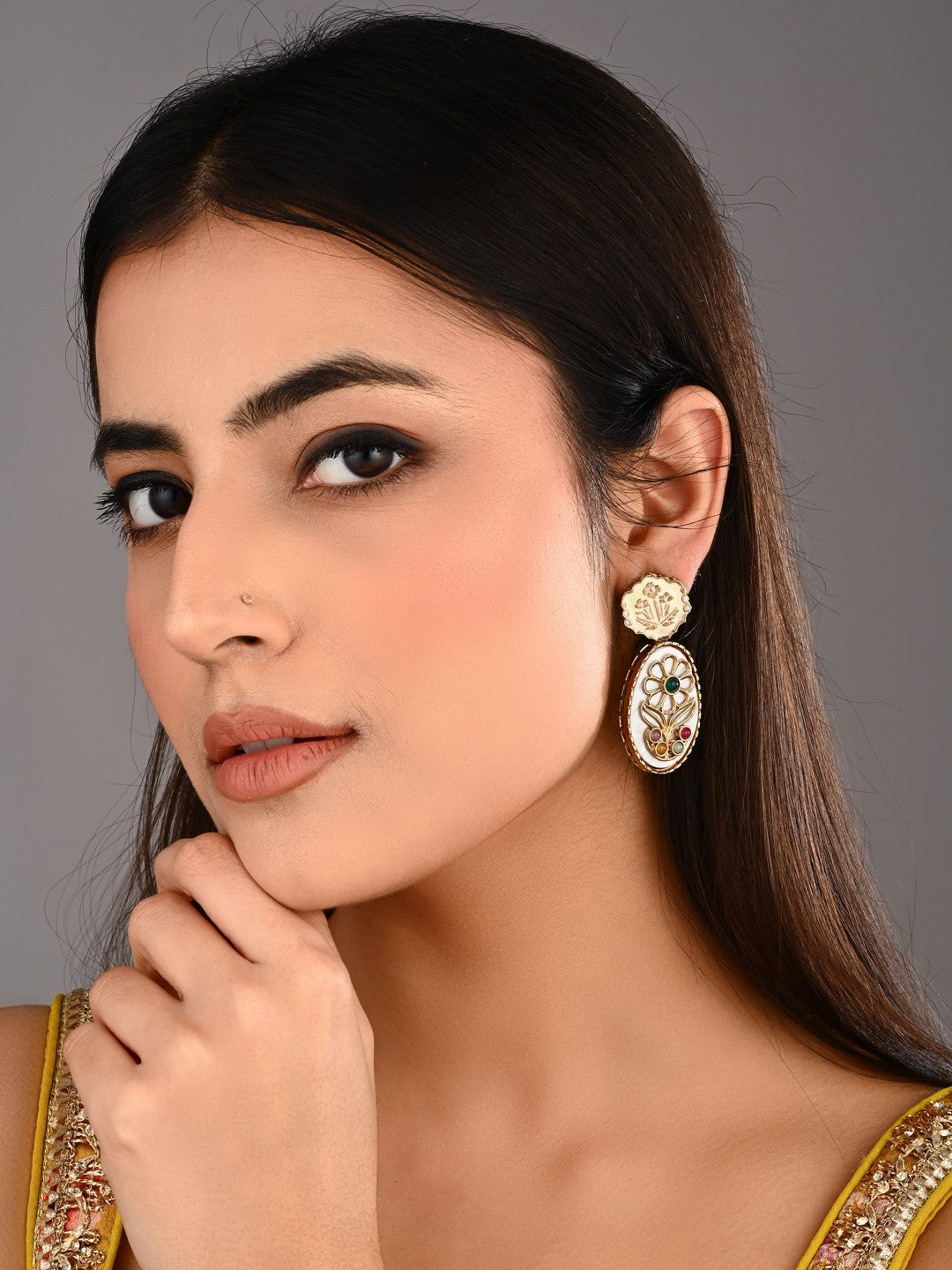 MOP Meenakari Floral Drop Earrings - Green