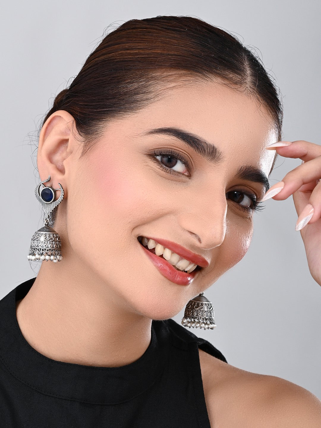Blue Stone Oxidized Jhumka Earrings