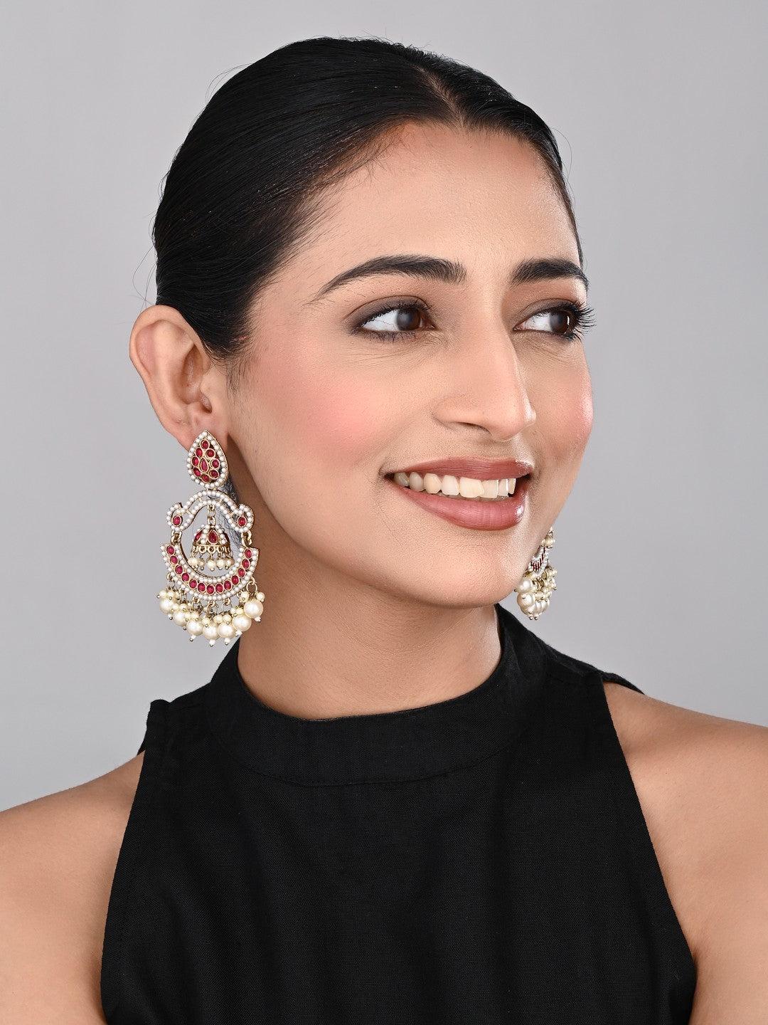 Gold plated Stone & beads chandbali Earring Red