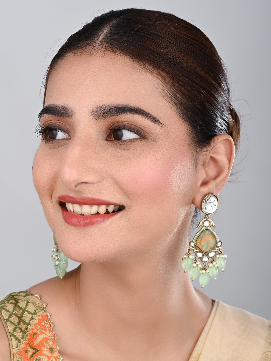 Gold plated two tone Pear shaped stone drop earring - Sage Green