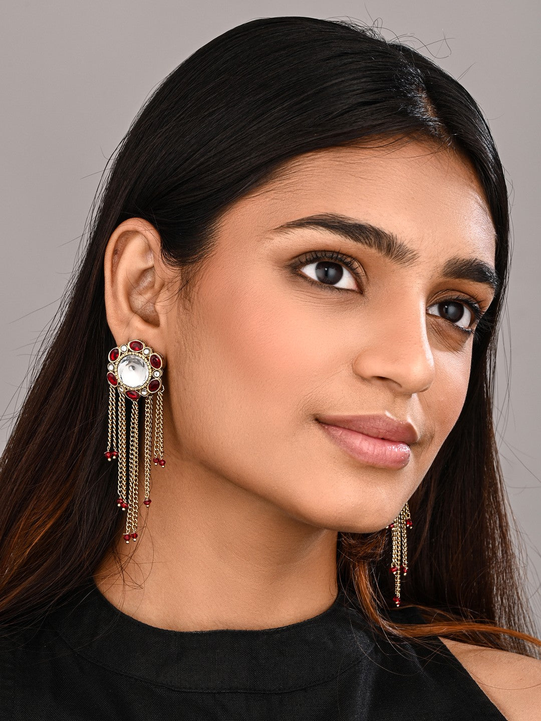 Kundan Tassel Drop Earrings - Red