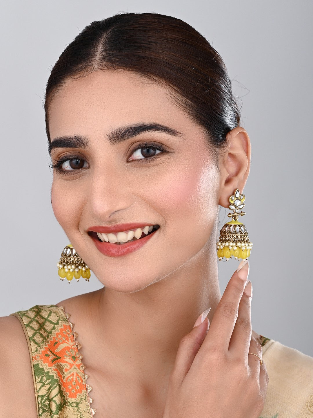 Gold plated Kundan & Meenakari Jhumka Earrings - Yellow